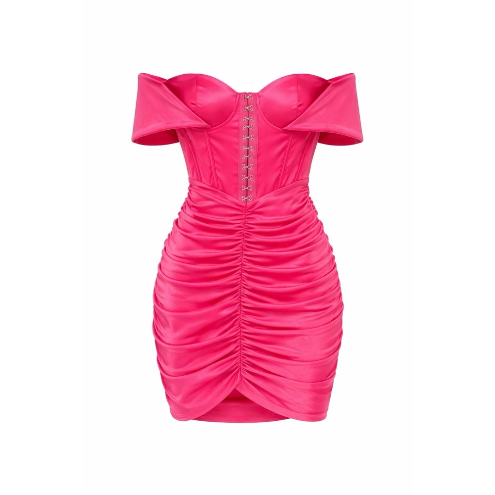 PrettyLittleThing Shape Hot Pink Satin Ruched Bodycon Dress Corset NWT Size 4‎